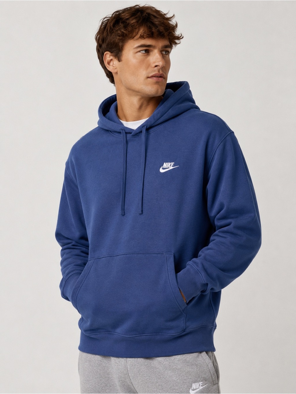 Nike Club Fleece Pullover Hoodie Blue Embroidered Swoosh Men’s Small
